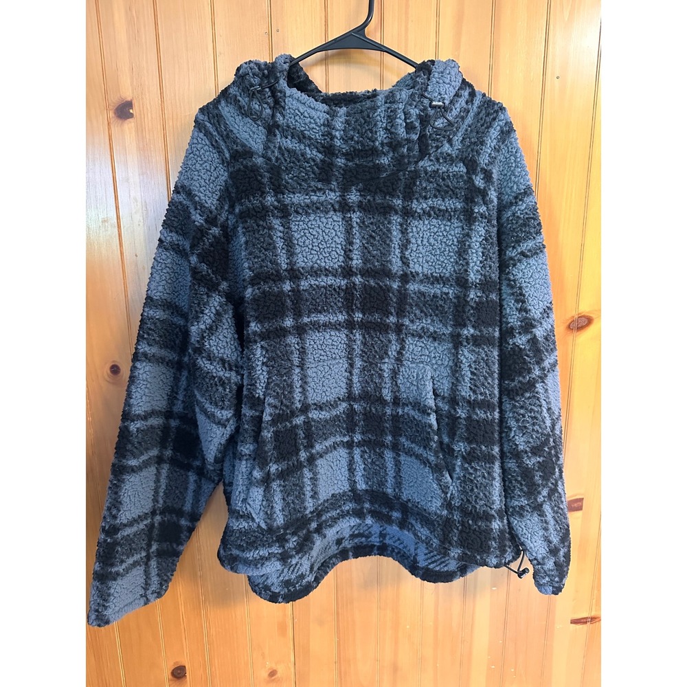 PINK Victoria's Secret Sherpa Fleece Pullover Grey Black Plaid Funnel Neck XL